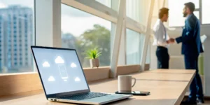 Modern office laptop displaying a cloud network for outsourced IT services for a small business.