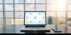 Laptop displaying a remote computer access software dashboard with security features.