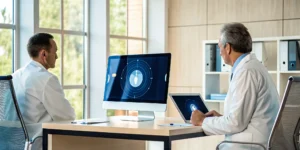 Doctors using the HIPAA Space platform for data compliance in a medical office.