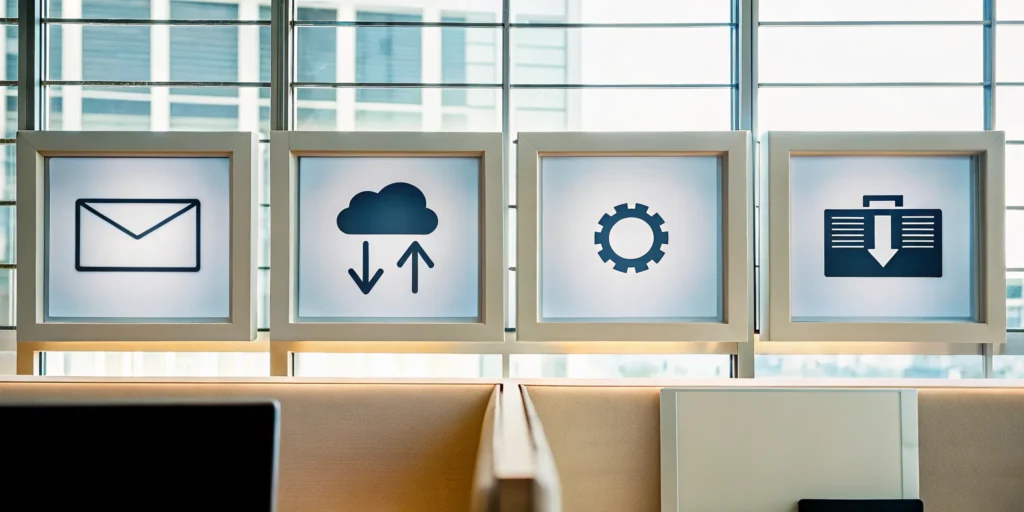 Graphic showing key features of an email migration tool, including cloud transfer and security settings.