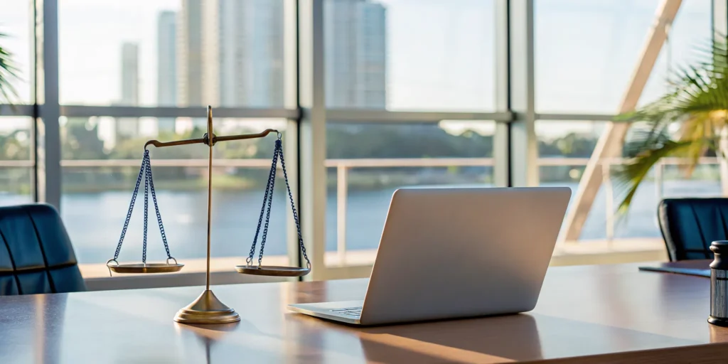 Legal IT services for Tampa law firms with a laptop and scales of justice on a desk.