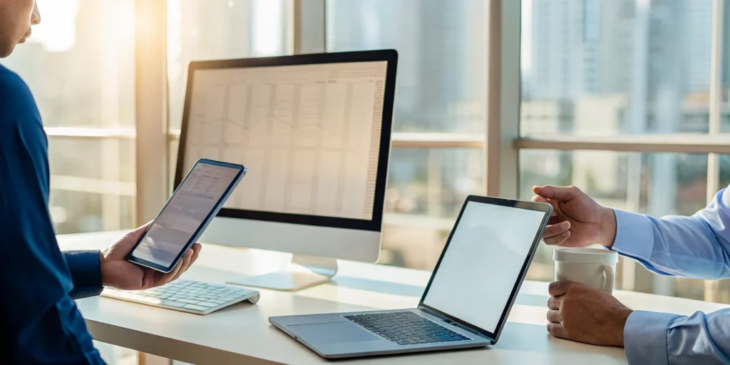 A professional from one of the best managed IT service providers reviews data with a client on a laptop.