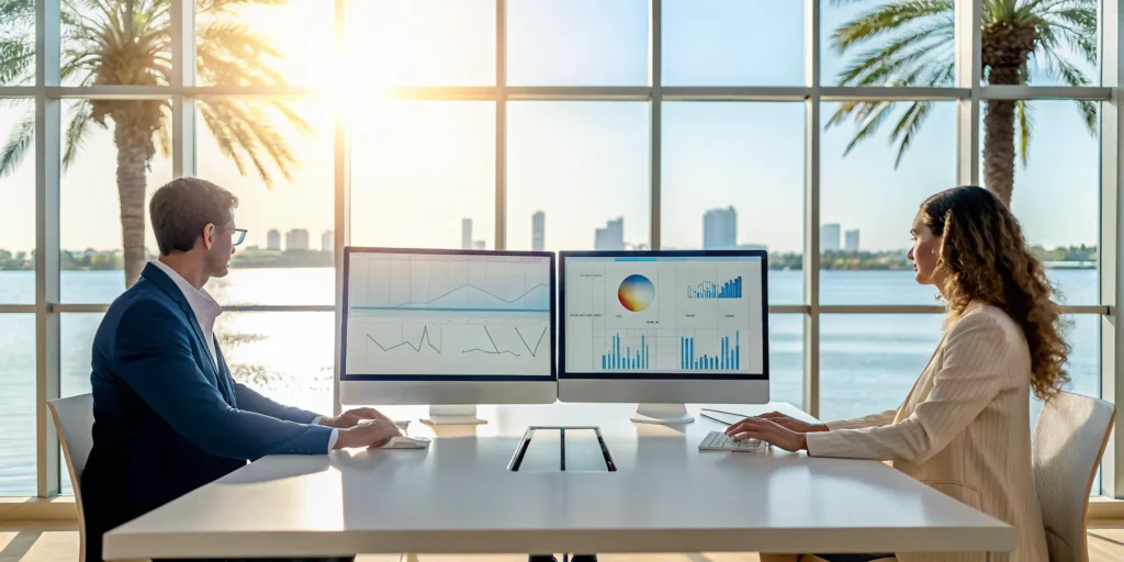 Managed IT support professionals in a Tampa office working on computers for a local business.