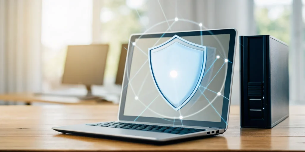 A laptop screen with the Defender for Endpoint shield, providing business cybersecurity.