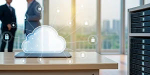 Strategic cloud migration for a legal practice with icons representing secure data and servers.