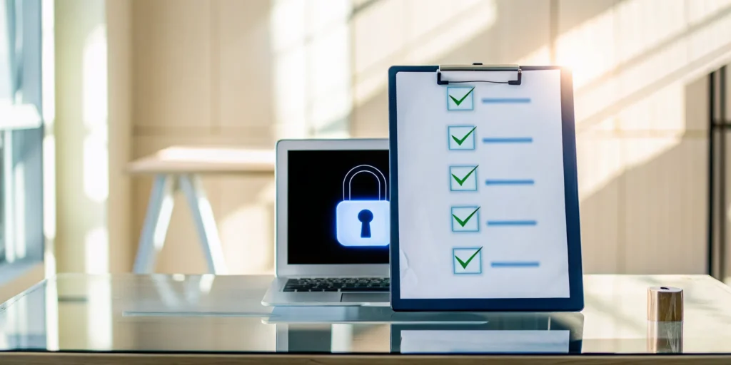 A SOC 2 compliance checklist on a clipboard next to a secure laptop for a security audit.