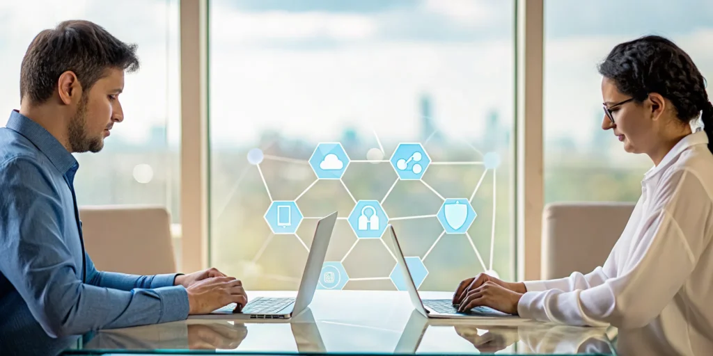 A co-managed IT solutions provider partnership with professionals collaborating on laptops.