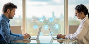 A co-managed IT solutions provider partnership with professionals collaborating on laptops.