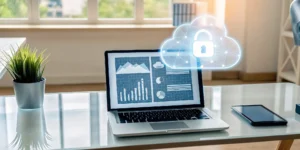 Laptop screen with the Microsoft Intune dashboard for managing device security and compliance.