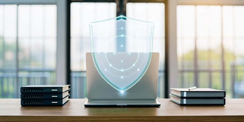 A digital shield on a laptop represents MSSP cyber security and threat monitoring.