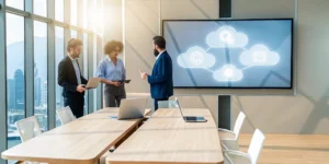 A Microsoft 365 support provider meeting with a business team in an office.