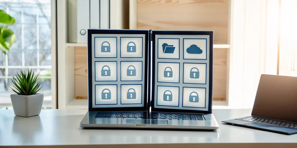 Laptop with lock and cloud icons for small business data recovery services.