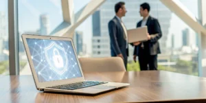 Law firm partners planning ransomware protection with a security lock icon displayed on a laptop.
