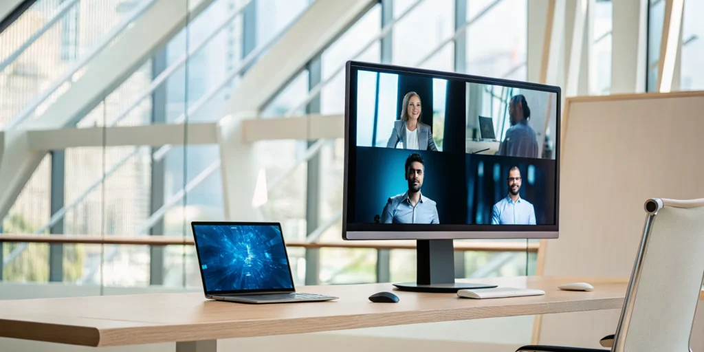 A business team in a secure Microsoft Teams meeting, protected from external threats.