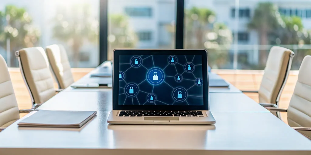 Laptop on a conference table secured by a managed cybersecurity provider in Tarpon Springs, FL.
