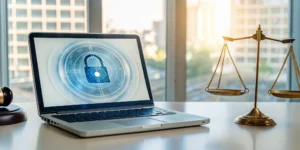 A law firm desk with a gavel and a laptop displaying a data security lock icon.