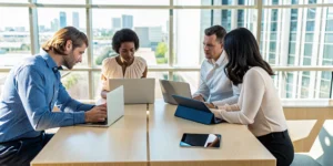 Orlando business team collaborating in an office with Microsoft 365 consulting.