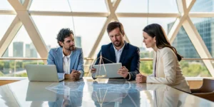 A business team meeting with their outsourced IT law firm for legal advice.