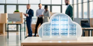 A team of professionals discussing managed Azure services around a cloud server model.