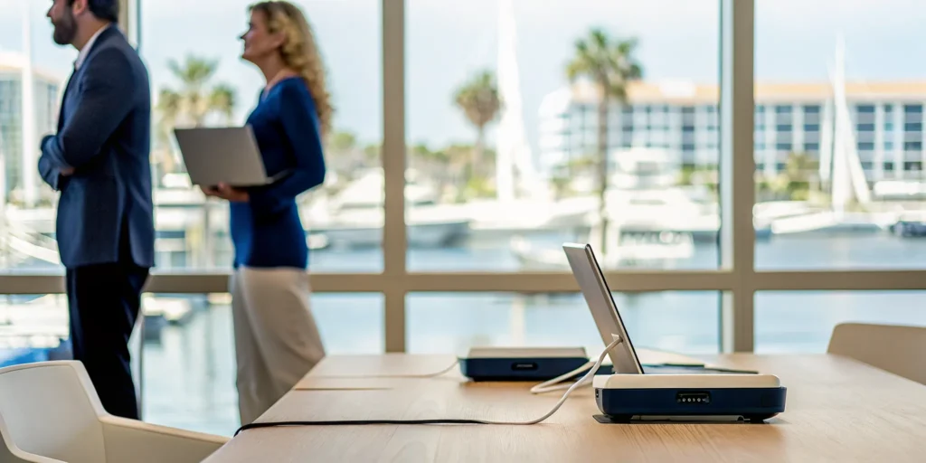 Professionals receiving IT services for businesses in a modern Tarpon Springs, FL office.