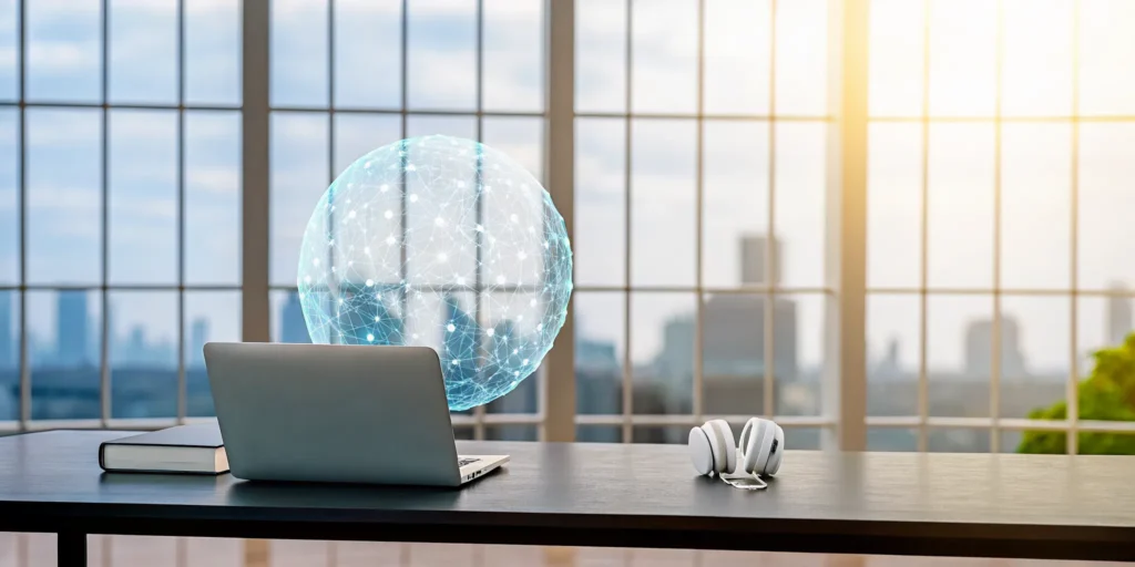 Laptop and digital globe on a desk exploring what fully managed IT actually includes in 2026.