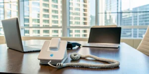 A business phone and laptops on a desk as a company considers replacing its phone system.
