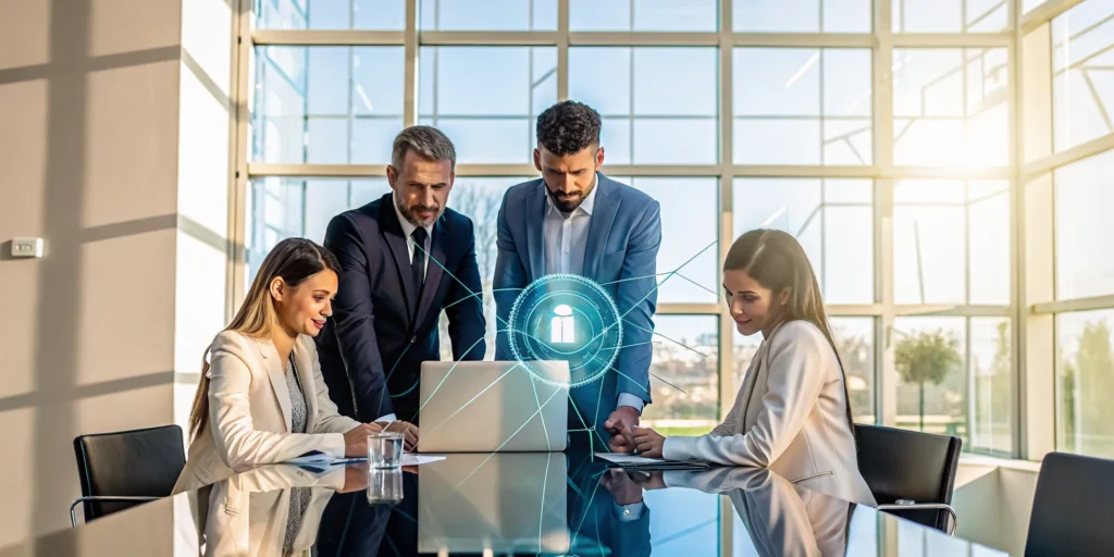 A business team in Brandon, FL, reviewing their company's cybersecurity options.