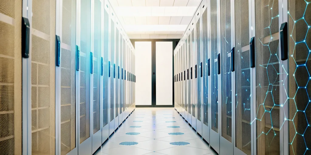 Secure data center with server racks that require critical patch management for cybersecurity.