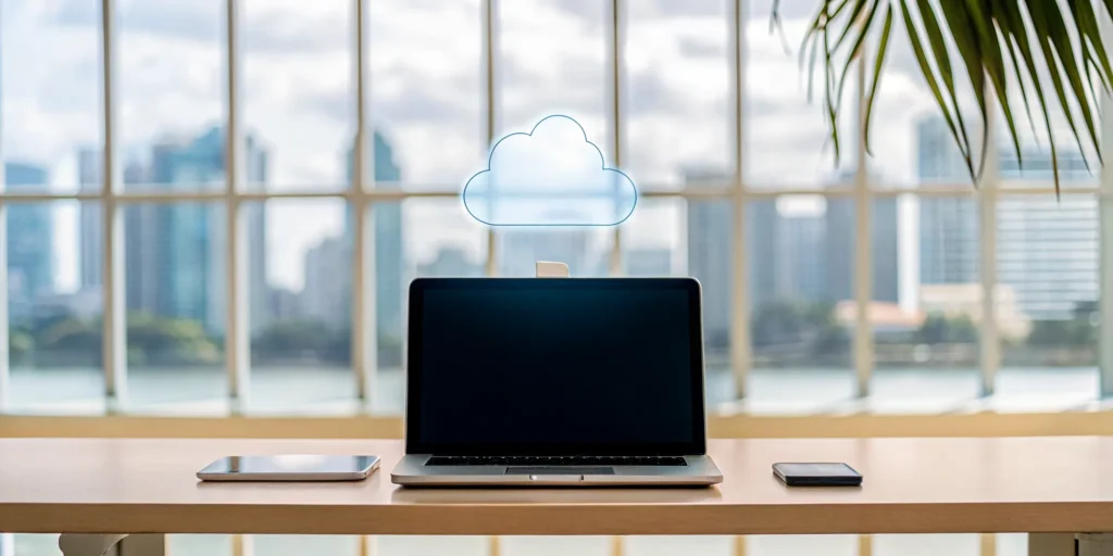 A desk with a laptop and tablet showing cloud migration for a small business in Orlando.
