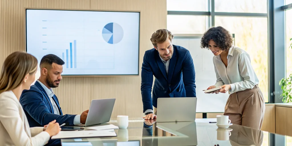 Office team planning co-managed IT services for a small business on their laptops.