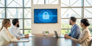 Business team prepares for a cybersecurity audit by reviewing a security lock icon on a screen.