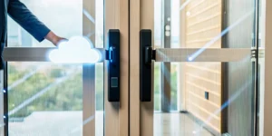 Cloud-based vs. on-premise access control systems with a cloud icon and a smart door lock.