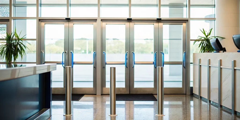 A secure door with a card reader, a key part of an access control system's cost per door.