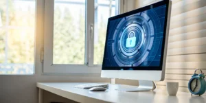 A security lock icon on a computer screen for a review of Microsoft 365 security settings.