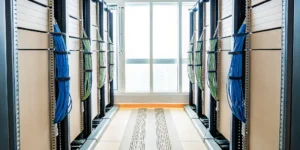 Server room with structured cabling meeting healthcare requirements for patient care and data systems.