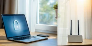 Laptop with a padlock icon and router for managing remote work cybersecurity risks.