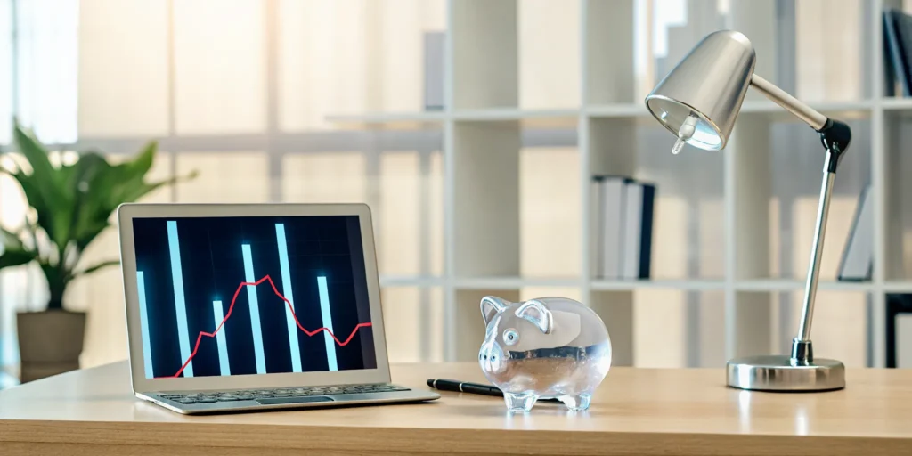 The average cost of a data breach for a small business on a laptop graph next to a piggy bank.