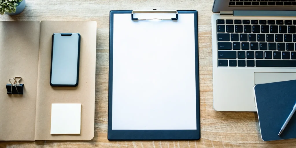 An employee offboarding IT checklist on a desk with a laptop and a clipboard.