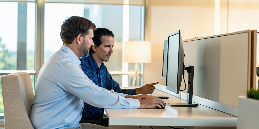 Two IT professionals collaborating at a desk in a modern Tampa office with dual monitors