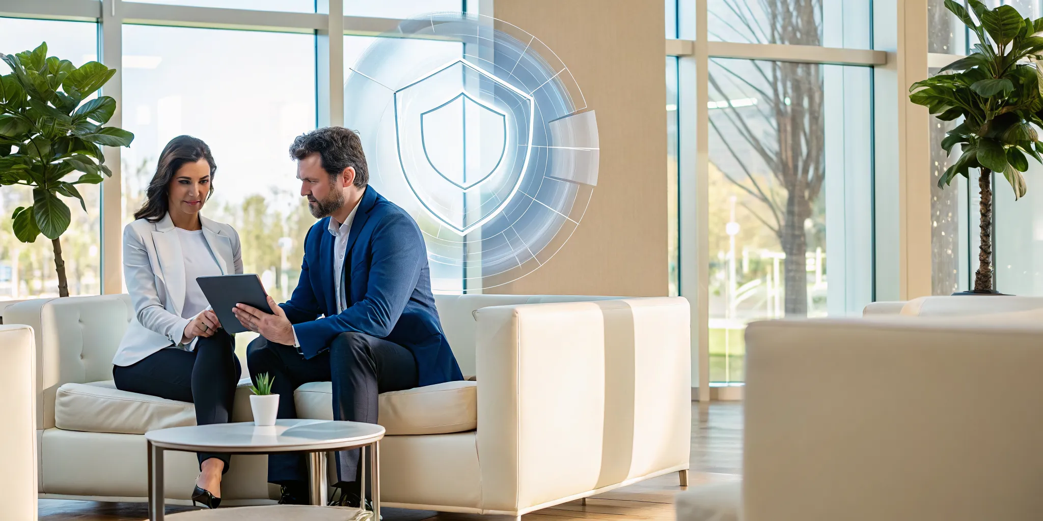 Professional law firm office in Lakeland Florida with cybersecurity digital shield protection overlay