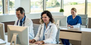 Medical professionals reviewing digital security and compliance documents in a Tampa healthcare office
