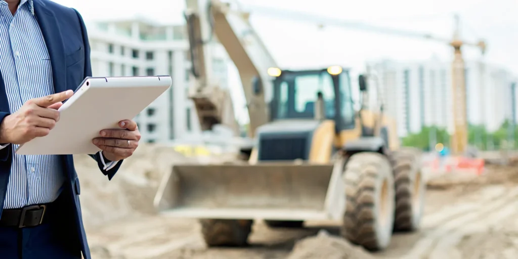 Construction site manager using ruggedized tablet reviewing blueprints at a Florida job site