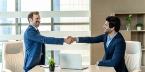 Tampa Bay business owner shaking hands with an IT consultant in a modern office setting