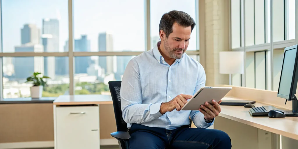 Tampa small business owner reviewing IT budget documents on a tablet with modern office background