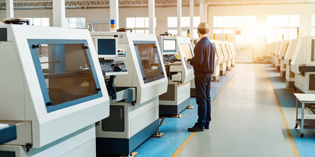 Modern manufacturing facility floor with production equipment and computer monitoring systems