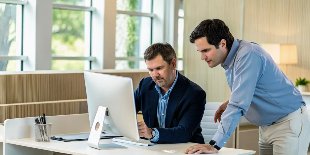 IT technician helping a small business owner at a desk in a Wesley Chapel Florida office
