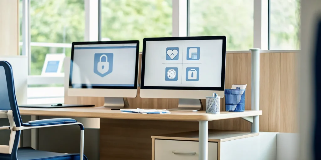 Microsoft 365 security dashboard with healthcare HIPAA compliance icons in a Tampa medical office setting