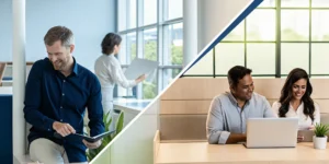 In-house IT team collaborating with co-managed IT partner in modern Tampa office