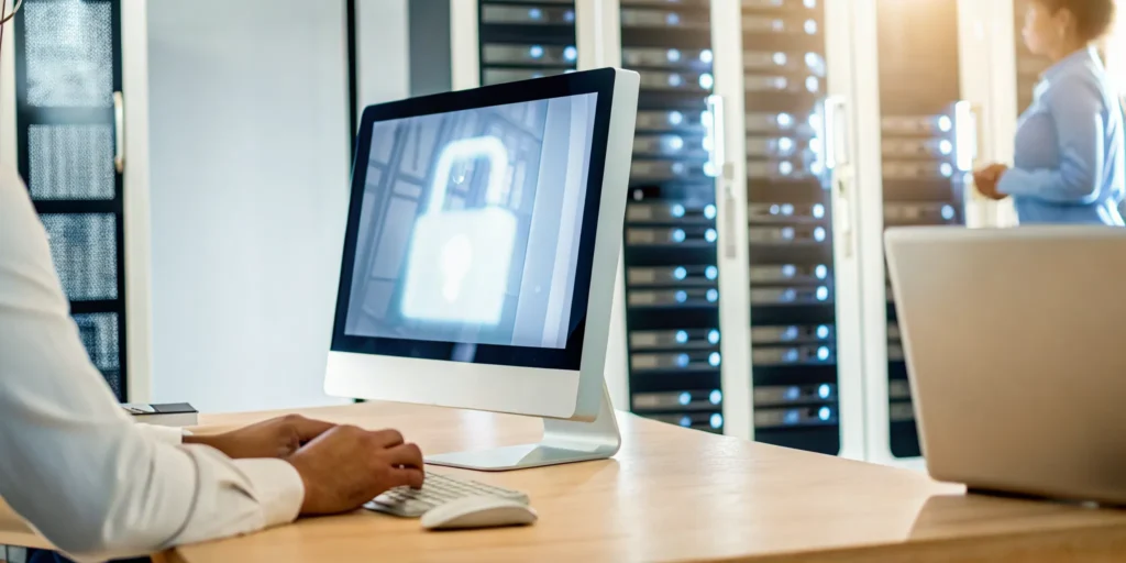 IT security professional monitoring endpoint security dashboard in a modern Tampa Bay office