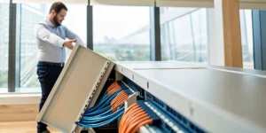 Organized low voltage infrastructure cabinet for a multi-tenant office building.